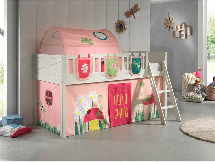 Spielbett 90 x 200cm Weiß/Apricot mit Taschen & Tunnel/mit Vorhang