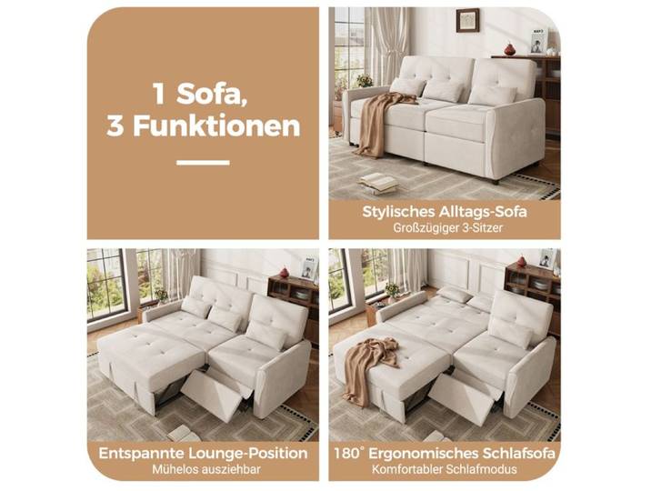 Canapé-lit 3 places extensible beige en chenille dossier 3 positions et repose-jambes extractible