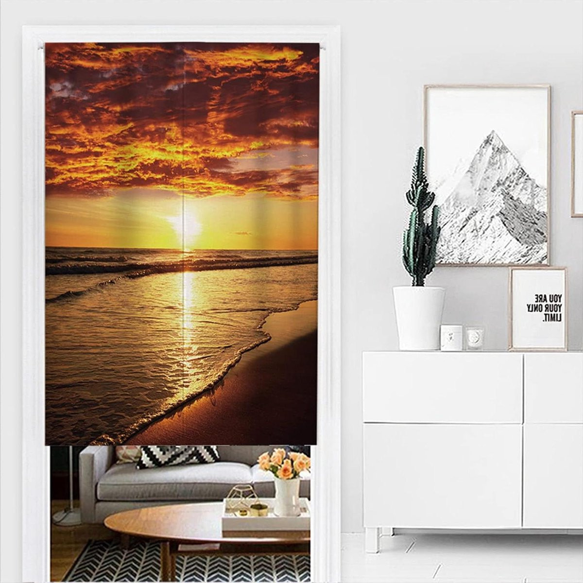 Japans Noren Deurgordijn met Zandstrand Zonsopgang Patroon - Kamerscheider - 75 x 150 cm