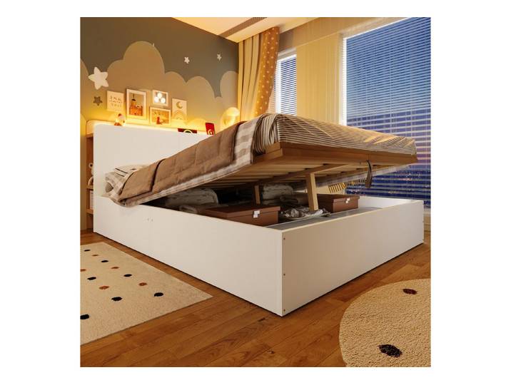 MODFU Funktionsbett mit Hydraulischer Funktion, Aufbewahrung und Drucktaste/Appsteuerung (Stauraumbett mit USB Typ-C Ladeanschluss, LED-Licht), Inklusive Matratze