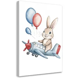 LEINWANDBILD Lein Kaninchen im Flugzeug mit Luftballons 60x90cm
