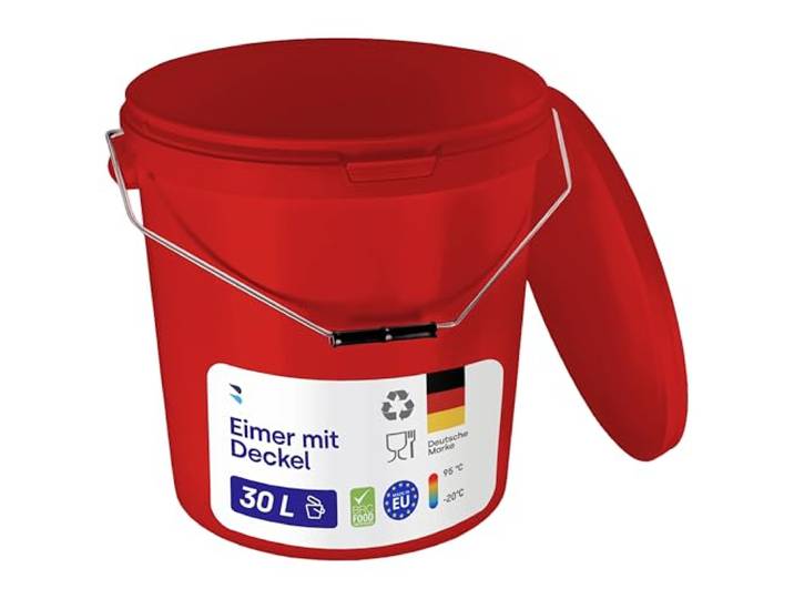 BenBow Eimer mit Deckel 30l rot 50 x 30 Liter - lebensmittelecht, stabil, luftdicht, auslaufsicher, geruchsneutral - Aufbewahrungsbehälter aus Kunststoff, mit Griffen - leer