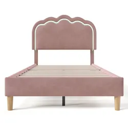 Merax Polsterbett LED 90 x 200cm, Verstellbares Kopfteil, Gepolstertes bett in Rosa Samt