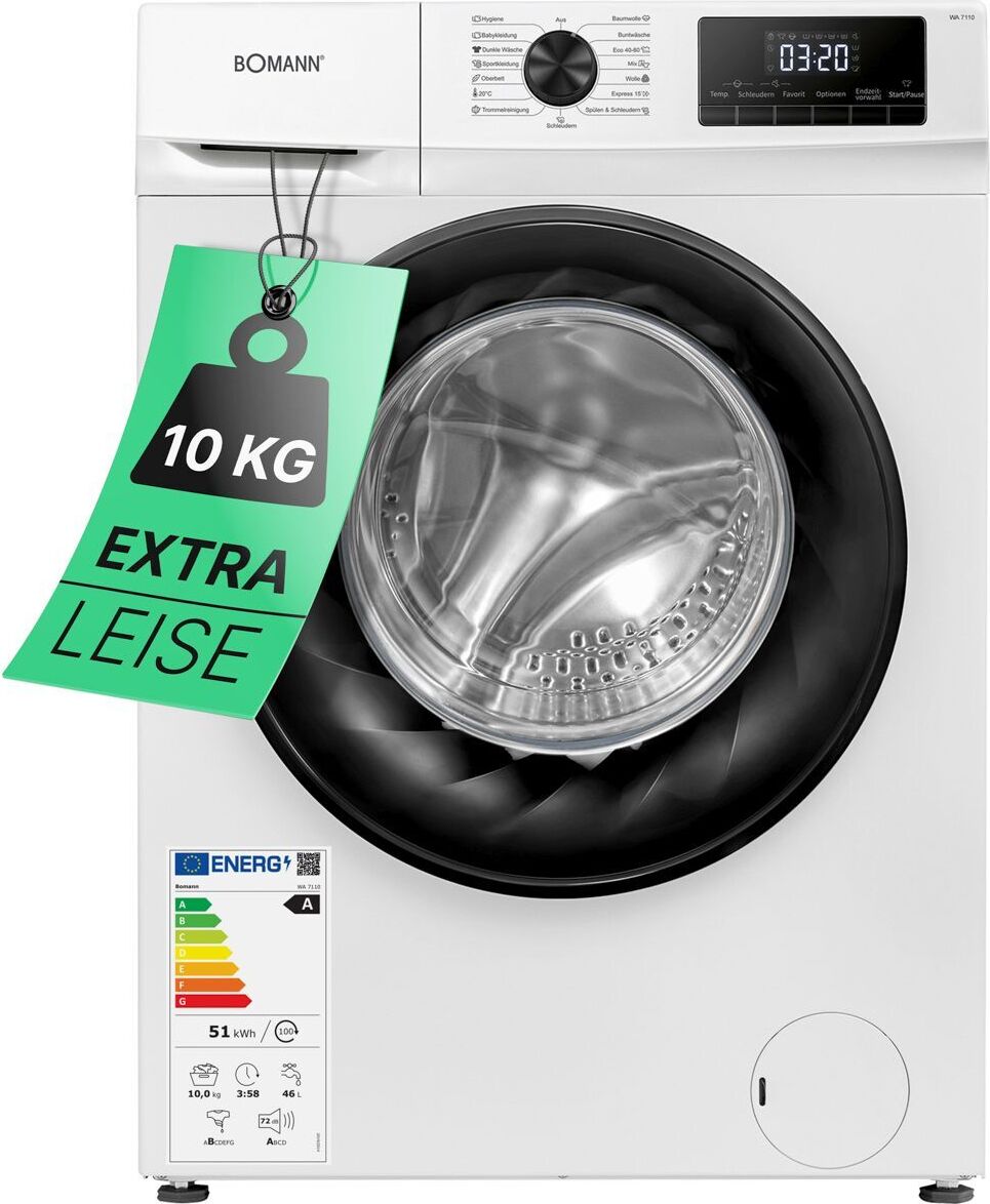 Bomann Waschmaschine 10kg | max. 1400 U/min | robuster, leiser & langlebiger Invertermotor | 15 Waschprogramme | LED-Display | mit Dampffunktion | WA 7110