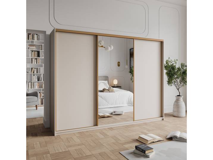 Masseno Schiebetürenschrank TAVI 250/205/60cm 3-türig mit Spiegel Kaschmir