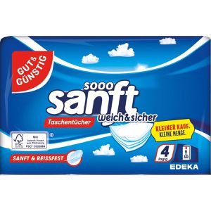 Gut&Günstig Taschentücher sooo sanft, Päckchen, Zellstoff, 4-lagig, weich & sicher, je 10 Tücher, 6 Stück
