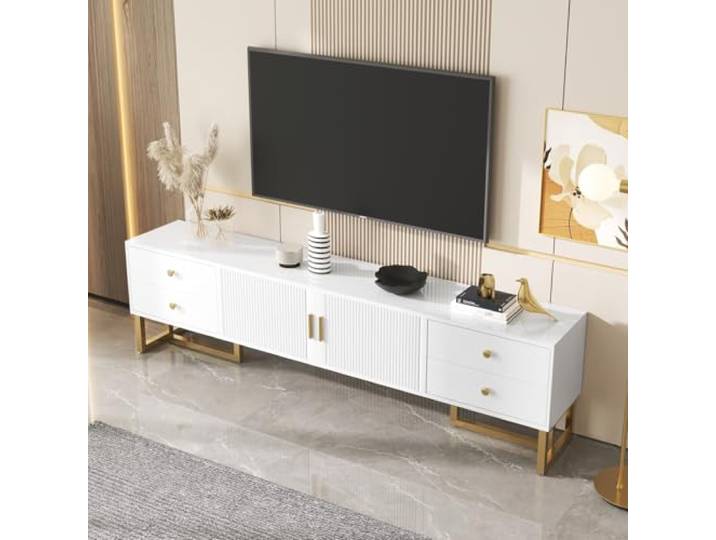 TV-Schrank mit 4 Schubladen, TV-Möbel mit Goldenen Griffen und Goldenen Füßen, Fernsehtisch für Fernseher bis zu 75 Zoll, TV Tisch mit Strukturierter Tür, für Wohnzimmer, Weiß und Gold, 175x30x46cm