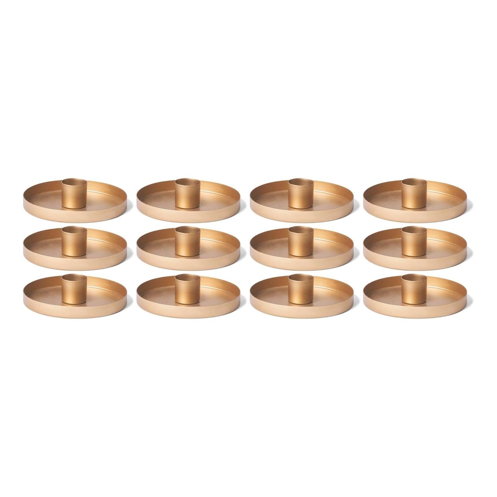 12er-Set Stabkerzenhalter rund Metall Durchmesser 14cm Dekoschale Gold Weihnachtsdekoration Kerzenhalter Adventskranz scandic chic Kerzenteller Tafelkerzen Candle Holder Kerzenpick