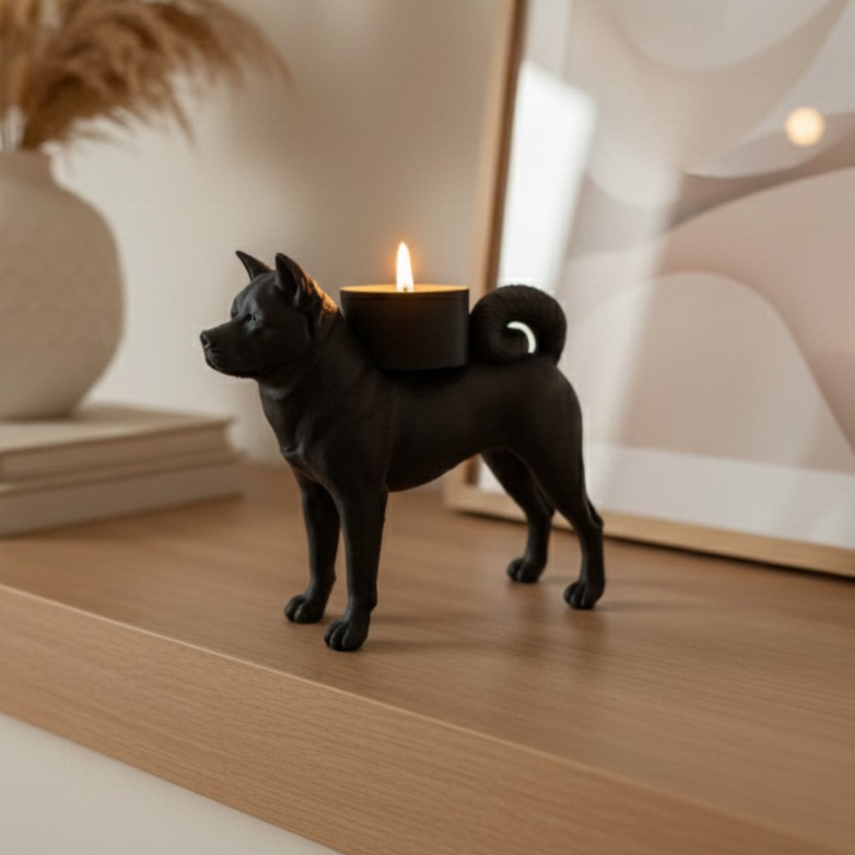 Amerikaanse Akita waxinelichthouder zwart – 3D-geprinte hond decoratie met LED waxinelicht