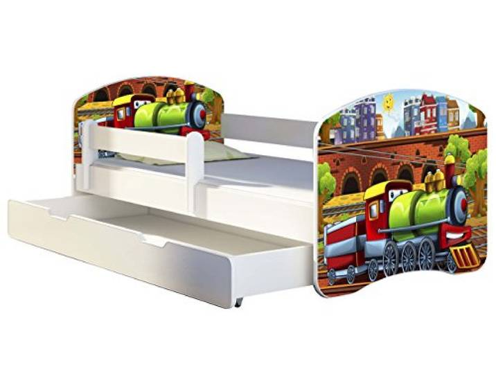 ACMA Kinderbett 180x80 Jugendbett mit Einer Schublade und Matratze, Rausfallschutz, Lattenrost Weiß, stabil, Kinderzimmer Bett, Jugendmöbel Design 44 Lokomotive