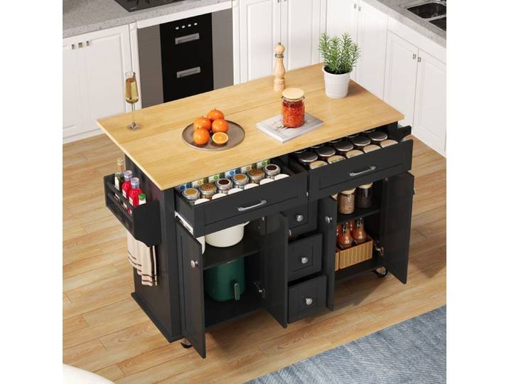 Desserte de cuisine - WESTYLE - 120 x 65 cm - Plateau rabattable - 5 tiroirs - Roulettes avec freins