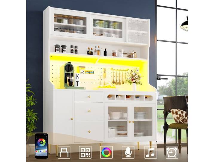 Armoire haute avec éclairage LED - 145x39x171 cm - Blanc - Étagères réglables - Éclairage LED contrôlable