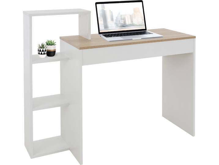 ML-Design Schreibtisch mit Regal, Bürotisch, Weiß mit Tischplatte in Sonoma-Eiche, 3 Einlegeböden, 110x72x40 cm, Holz, 2-in-1 System für Arbeitszimmer