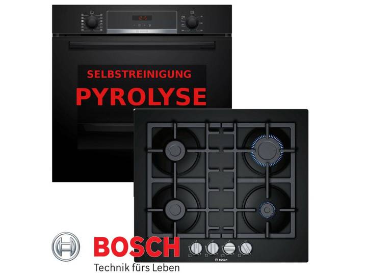 BOSCH Gasherd-Set Gasherd Herdset Autark Pyrolyse Backofen +GAS Glaskeramik Kochfeld NEU, Pyrolyse-Selbstreinigung, Pyrolyse + Hydrolyse