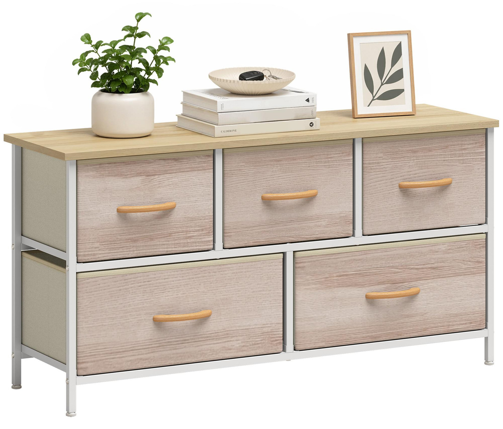HOMCOM Moderne Kommode voor de slaapkamer met 5 lades in natuurlijke en witte tinten