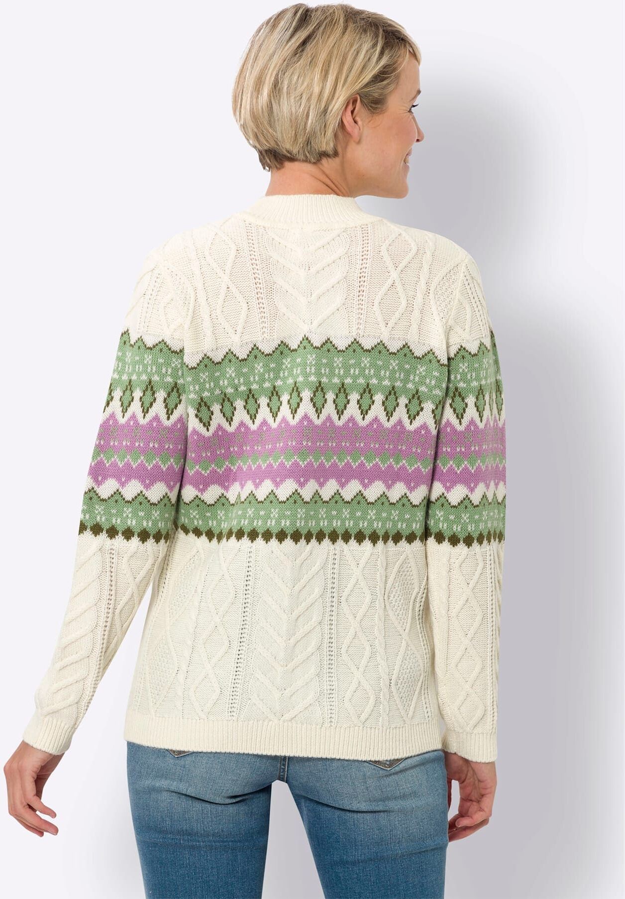 Stehkragenpullover CLASSIC BASICS "Stehkragen-Pullover", Damen, Gr. 54, weiss (champagner, orchidee), 100% Polyacryl, gemustert, mehrfarbig, Pullover Stehkragenpullover champagner, orchidee 54