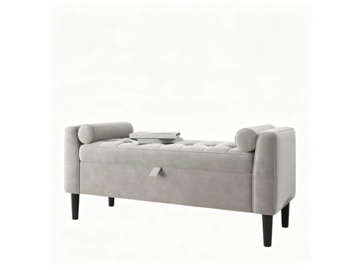 Koioplie Sitzbank 118 cm Stoff mit Stauraum Holzbeine Truhenbank Grau Gepolsterte Oberfläche, Verstecktes Fach, Gerollte Armlehnen, Bequemer Sitz, Schlafzimmer
