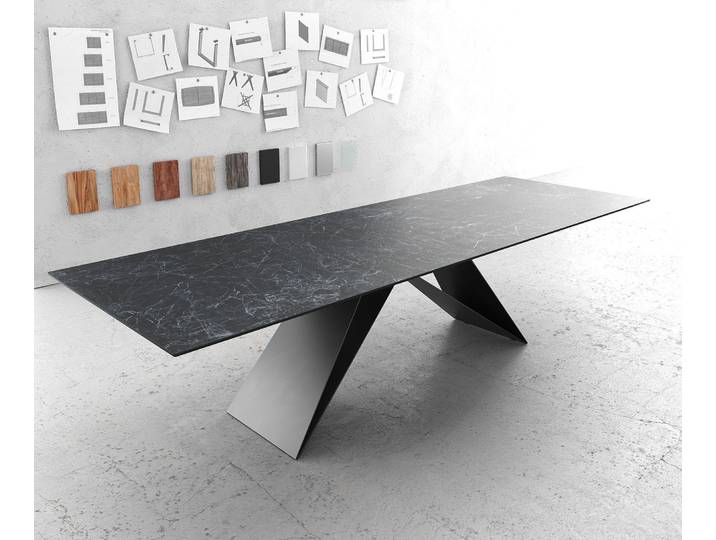 DELIFE Esstisch Edge 300x100cm Keramik Laminam®Nero Greco Anthrazit V-Mittelfuß Schwarz
