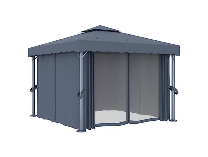 Pavillon mit Vorhang 3x3 m Anthrazit Aluminium Polyestergewebe mit PA-Beschichtung, 2-stöckiges Dach, Moskitonetz, inklusive Haken
