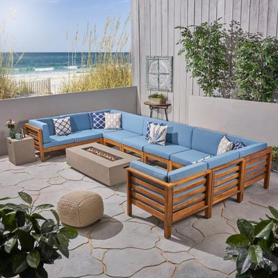 Oana Outdoor 12-Piece U-Shaped Acacia Wood Sectional Sofa Set with Fire Pit by Christopher Knight Home