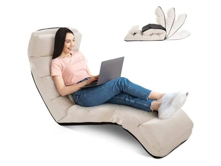 RELAX4LIFE Fauteuil au Sol Réglable en 5 Positions 90-180° Méridienne en Daim Chauffeuse 1 Place Convertible Rembourrée Beige