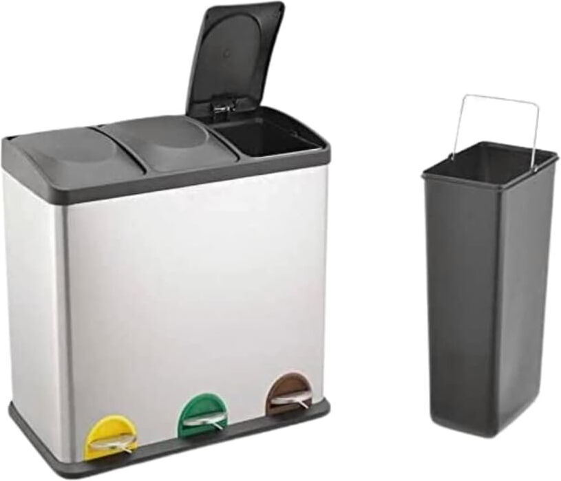 Ivy Bronx Dakyla Stainless Steel Step On Multi-Compartment Rubbish & Recycling Bin Silver 45/48.5cm H x 60.5cm W x 35cm D