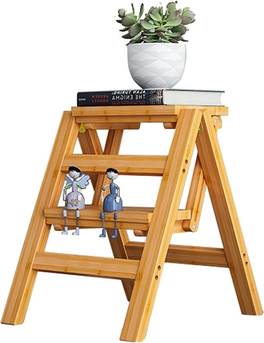 Opvouwbare ladder kruk met 2 treden en houten afwerking