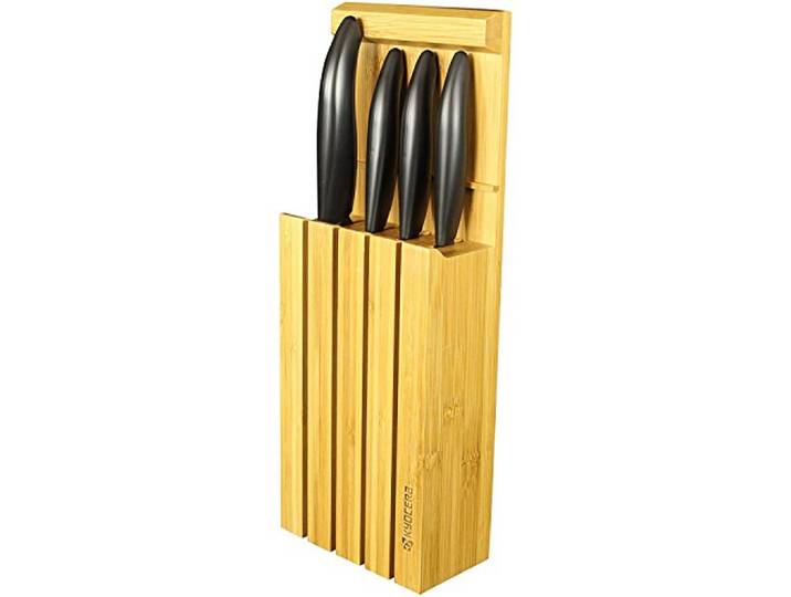 Kyocera 3in1 Bambus Messerblock mit 4 Keramik Messer Schwarz Santokumesser, Universalmesser, Gemüsemesser, Schälmesser Hinstellen, Aufhängen oder Hinlegen in der Schublade 34x12,3x6,6 cm