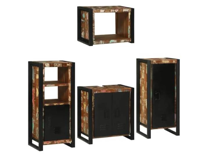 Badezimmermoebel-Set 4 Stueck Mehrfarbig Massives Altholz mit Metallrahmen Metallrahmen, Stangengriffe, 90 cm Schrank, Wandmontage, pflegeleicht, moderne Optik