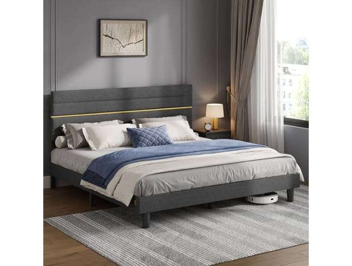 VASAGLE Polsterbett, Bettgestell, 180 x 200 cm Bettgestell, verstellbares gepolstertes Kopfteil, Metall, modern, schiefergrau, KACY Kollektion RMB508G01