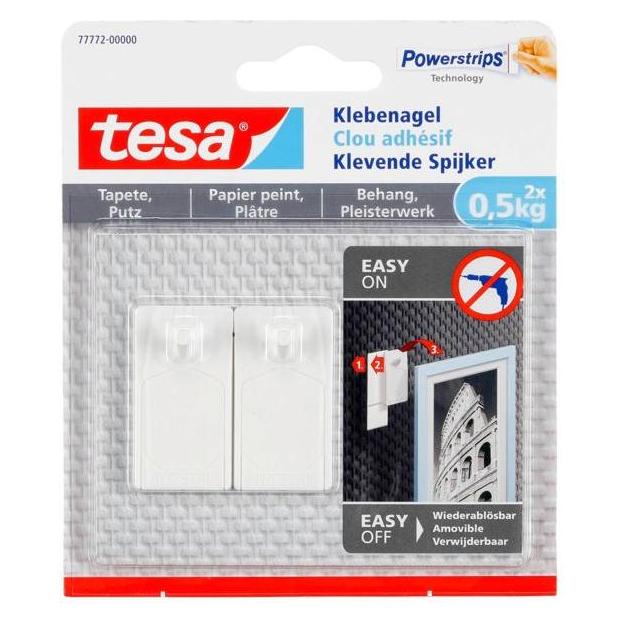 tesa Klebenagel für Tapete & Putz, 0,5kg Halteleistung, spurlos ablösbar & wiederverwendbar, 2 Nägel (77772-00000-00)