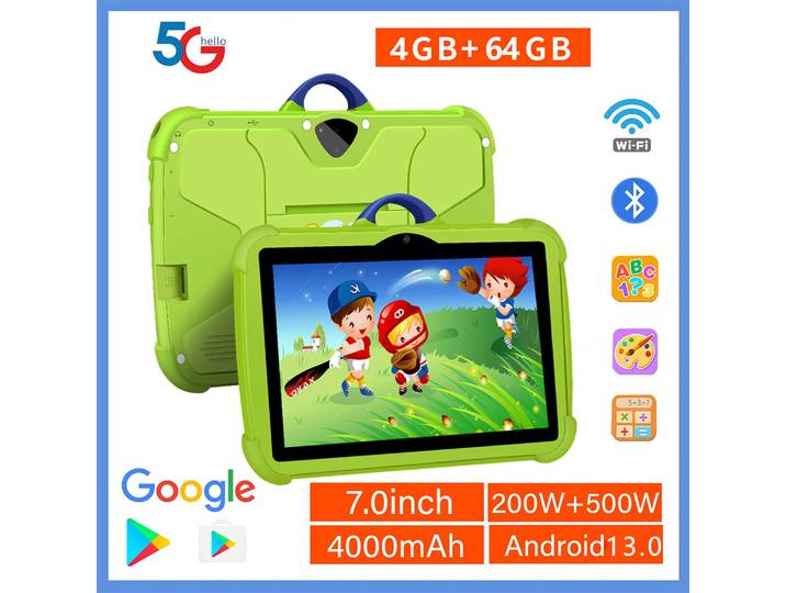 Nouvelles tablettes éducatives pour enfants de 7 pouces avec WiFi 5G, processeur quadricœur, 4 Go de RAM, 64 Go de ROM, Android 13, prise en charge de Google Play, Bluetooth, 4000 mAh