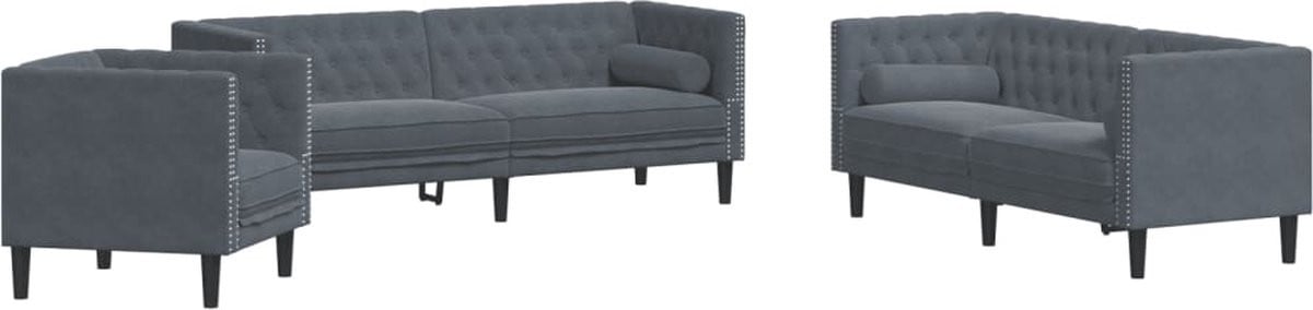 vidaXL 3-delige Chesterfield loungeset met bolsters in donkergrijs fluweel
