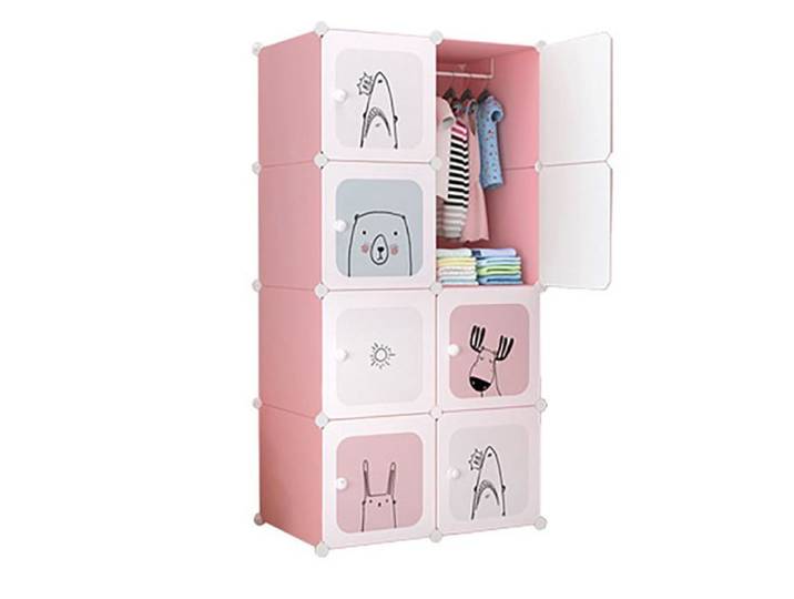 Armoire modulaire multifonction - LUNSY - Rose - 8 cubes - Modèle R8-1 - 75x47x147 cm - Design moderne - Motifs animés