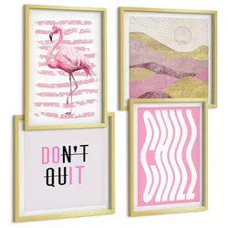 BILDER SET 4er Set - 50x50 cm & 40x60 cm Goldrahmen - Pastellfarbene Berglandschaft mit rosa Flamingos