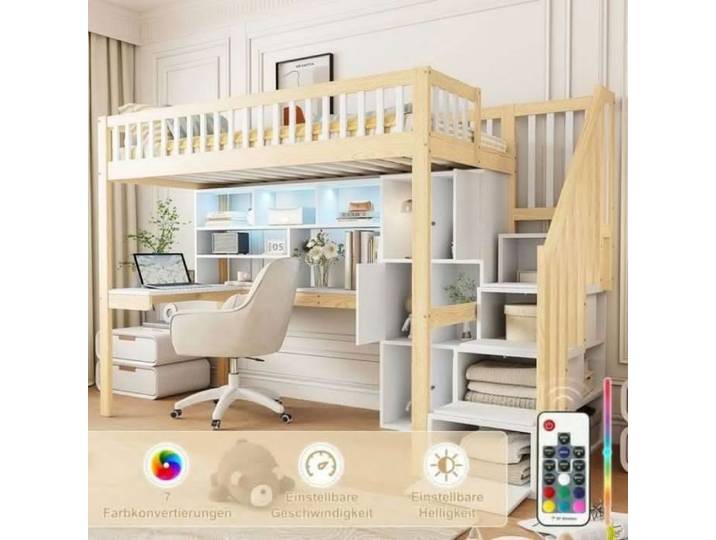 90x200cm lit mezzanine bois massif Enfant échelle de rangement bureau étagères blanc LIT MEZZANINE
