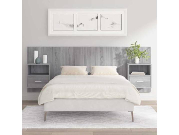 FMPGJLYH Bettkopfteil mit 2 Nachttischen, Wandmontage Grau Sonoma Holz Platzsparend, Integrierter Stauraum, Modernes Design, Robuste Bauweise