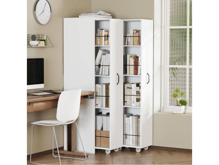 WOVREO Bibliothèque extensible sur roulettes 51 5 x 41 x 158 cm MDF blanc 2 modules indépendants