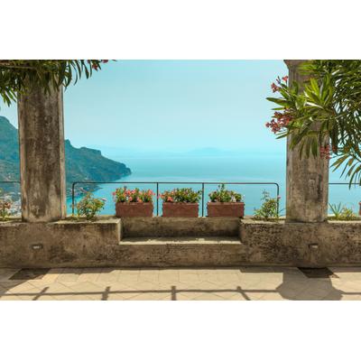 Fototapete PAPERMOON "PERGOLA-TERRASSE STRAND KLIPPEN KÜSTE BLUMEN GEBIRGE", bunt, B:2m L:1,49m, Vlies, Tapeten