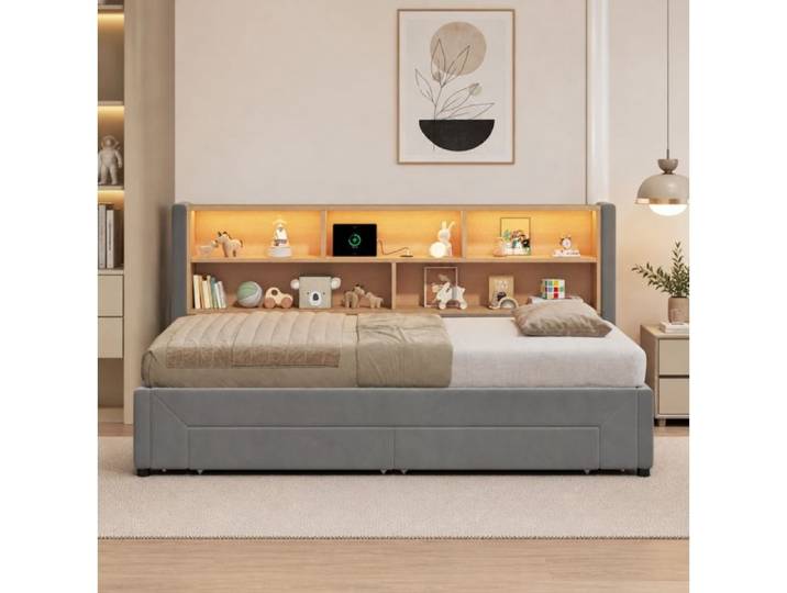 ULEVR Lit rembourré extensible en velours gris 1 place 2 tiroirs USB/USB-C LED sommier à lattes