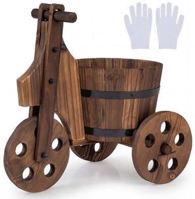 Costway Rustic Wood Tricycle Planter Barrel Flower Pot Cart with Drainage Hole-Coffee