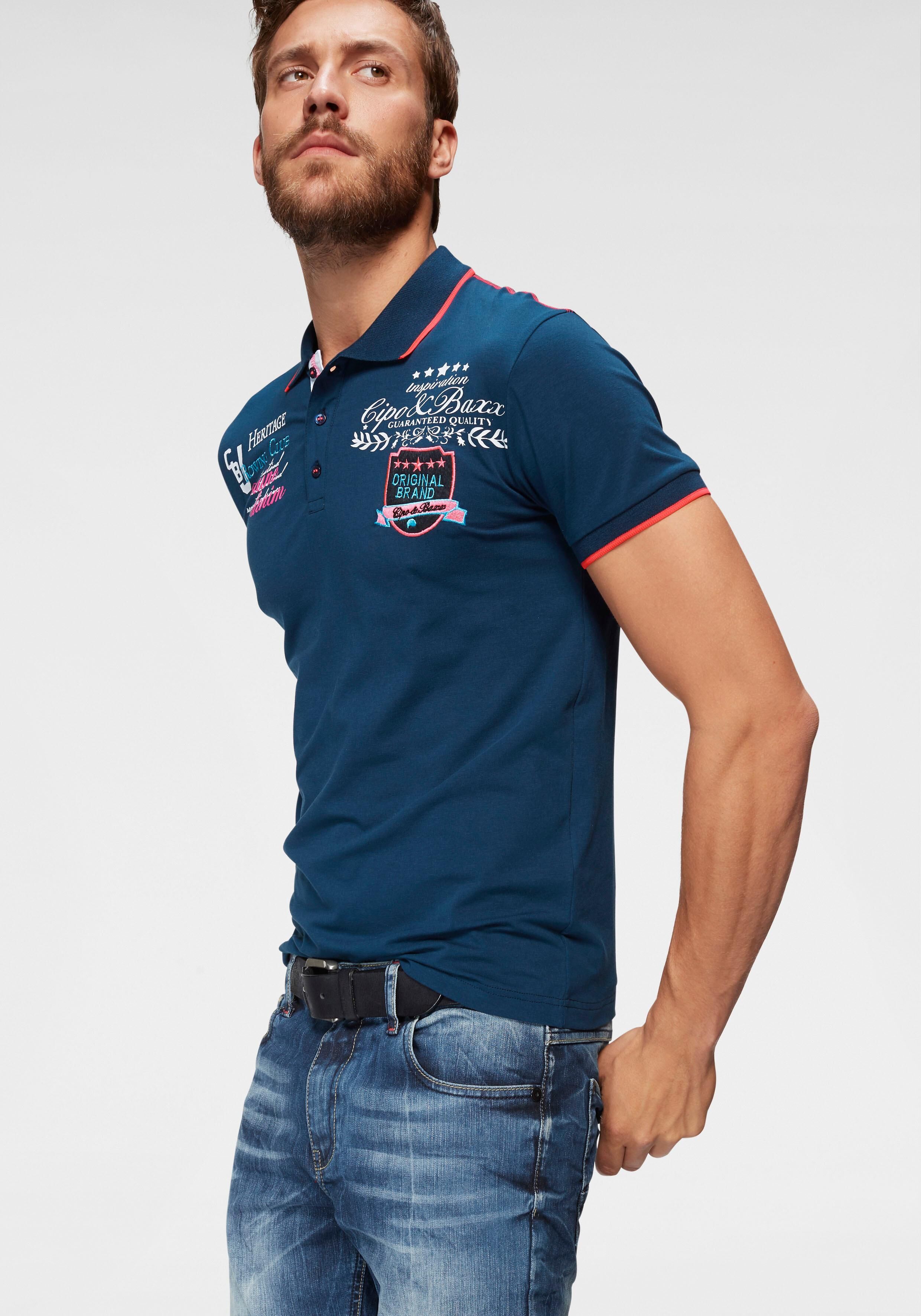 Poloshirt CIPO & BAXX "Rowing Club", Herren, Gr. XL, blau (navy), Single Jersey, Obermaterial: 95% Baumwolle, 5% Elasthan, bedruckt, schmal, angesetztes Bündchen, Shirts Poloshirt, bis Gr. 5XL