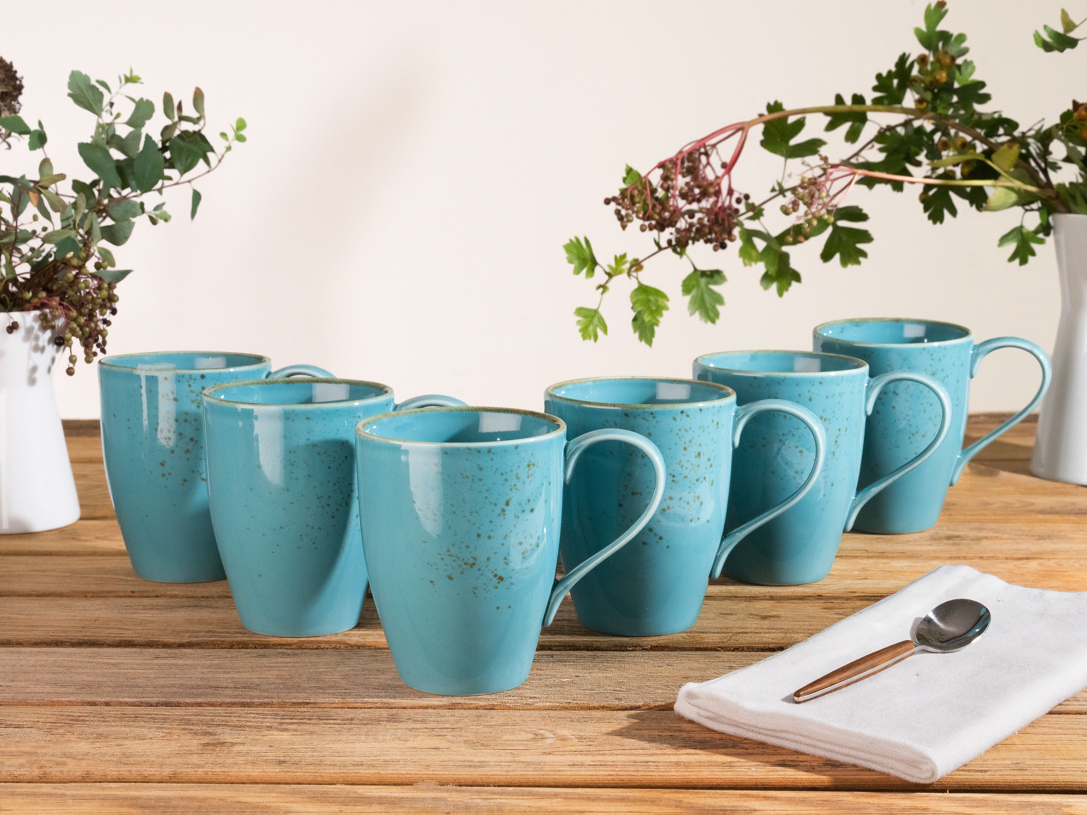 Becher CREATABLE "Kaffeebecher NATURE COLLECTION", blau (aquablau), 6 Stk., Steinzeug, Trinkgefäße, Becher, Tassen Set, 6-teilig