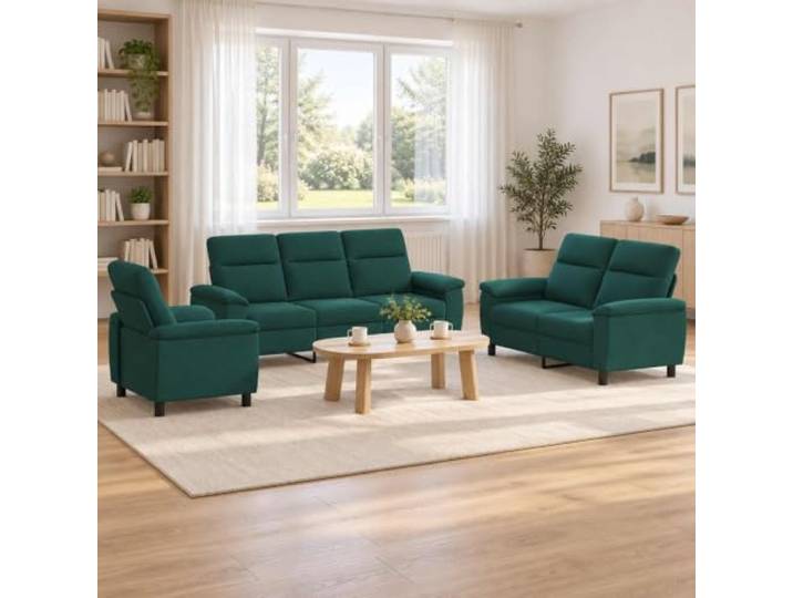 Sofa-Set 3 pcs Dunkelgrün Stoff 100% Polyester,Metallrahmen,konische Kunststoffbeine,Kissenrücken-Design,drinnen
