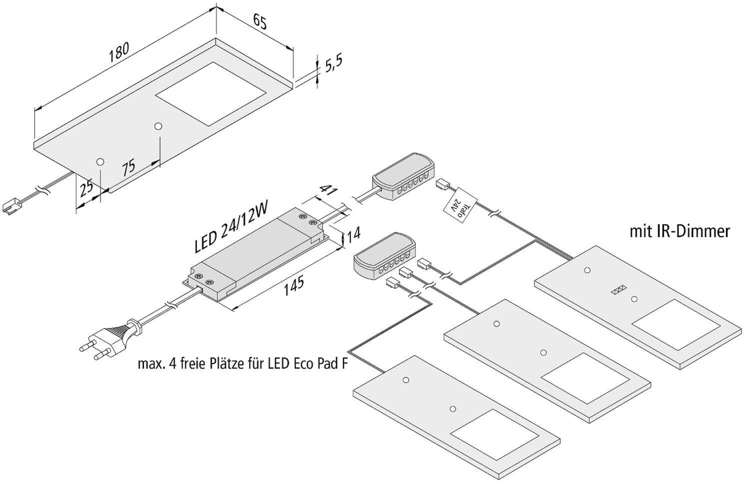 Hera Eco-Pad F LED under-cabinet lamp 3-set 3,000K alu F, dimmable, Alu / grey / zinc, Kitchen, Aluminium, Modern, Furniture Light