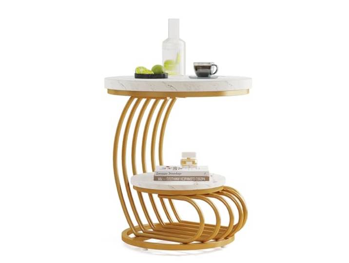 LITTLE TREE Goldfarbener runder Beistelltisch, 2-stöckiger Beistelltisch mit Ablagefach, moderner Nachttisch in Marmoroptik, Akzenttisch mit Metallgestell für Wohnzimmer und Schlafzimmer