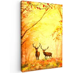 LEINWANDBILD Natur - Ölfarbe - Hirsche - Tiere - Herbst - Orange Wanddeko Schlafzimmer 60x90 cm