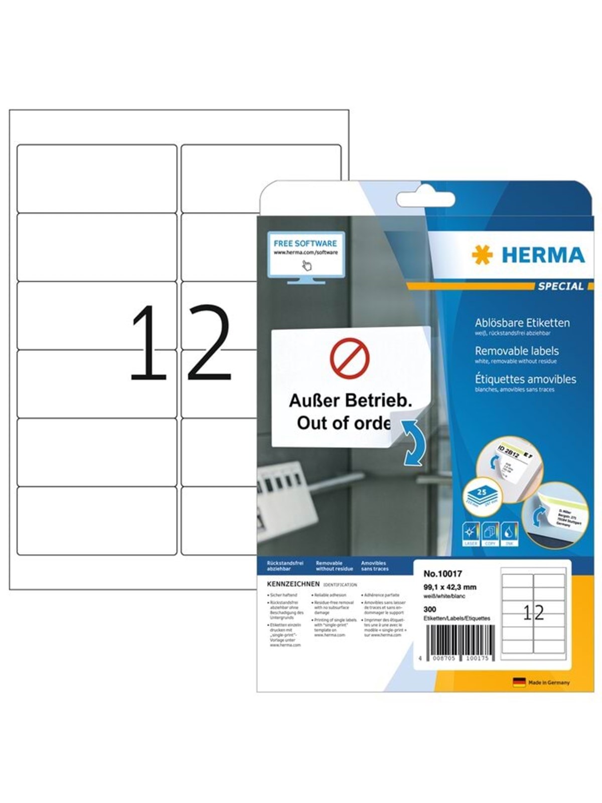 HERMA Ablösbare Adressetiketten A4, 99,1 x 42,3 mm, weiß