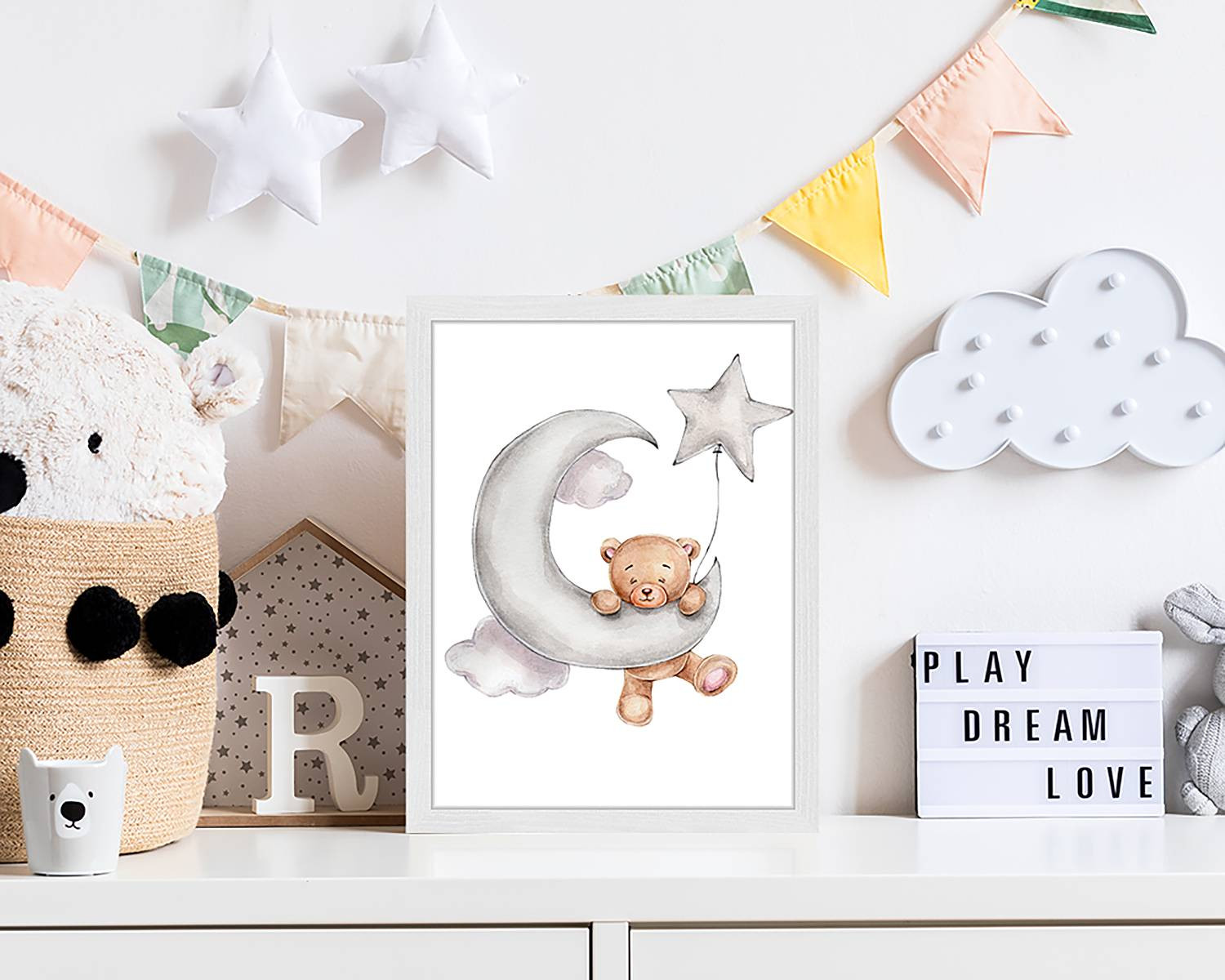 home24 Cute Bear Upon The Moon afbeelding, multicolor, 33 x 43 cm