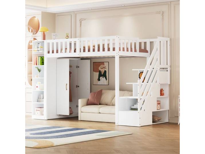 Lit mi-haut 290x96.5x173 cm Blanc Bois avec placard rangements et echelle